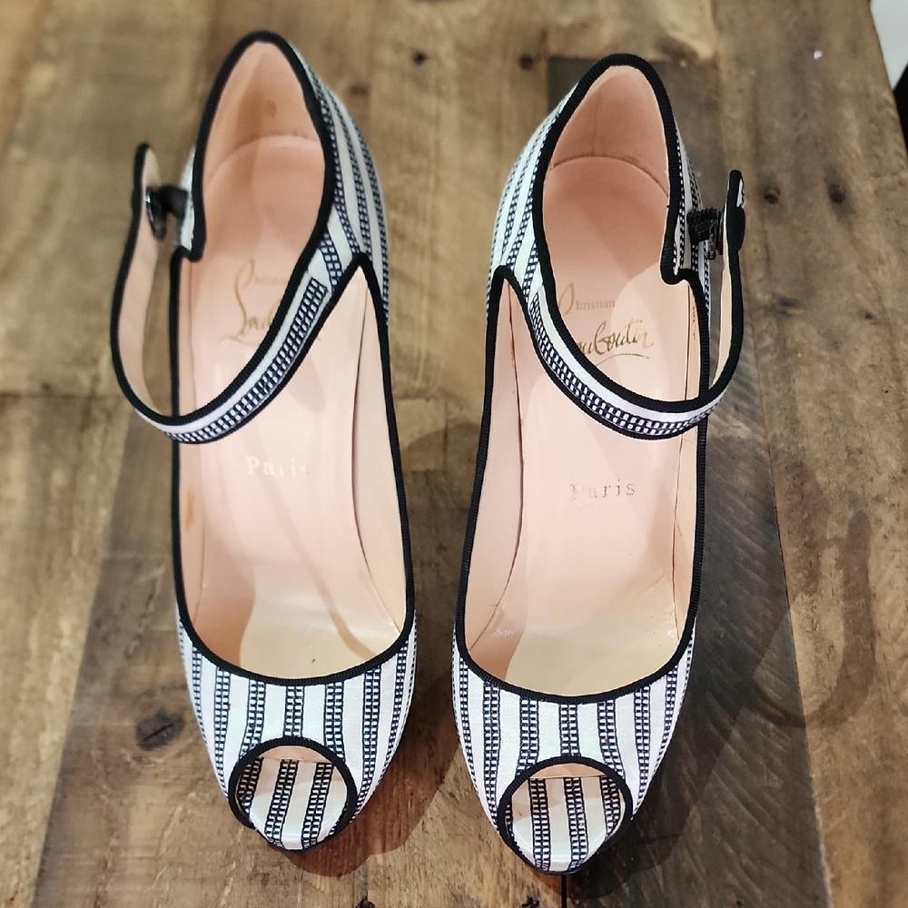 Christian Louboutin Black and White Peep-Toe Heels